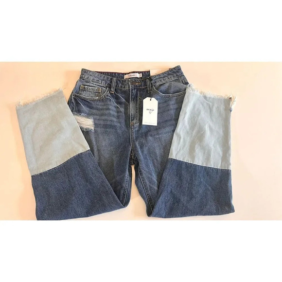 Cello Womens Blue Patchwork Distressed Girlfriend Jeans Medium Wash Size 7 NWT - Picture 1 of 14